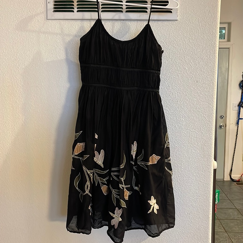Lithe Black stretch & tie top 100% cotton dress embroidered lined Straps cute!